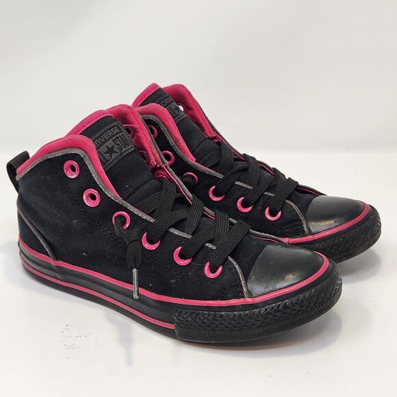Converse All Star Girls Junior Black Hot Pink Mid Top Sneakers Size 2 Lace Up - Picture 1 of 8